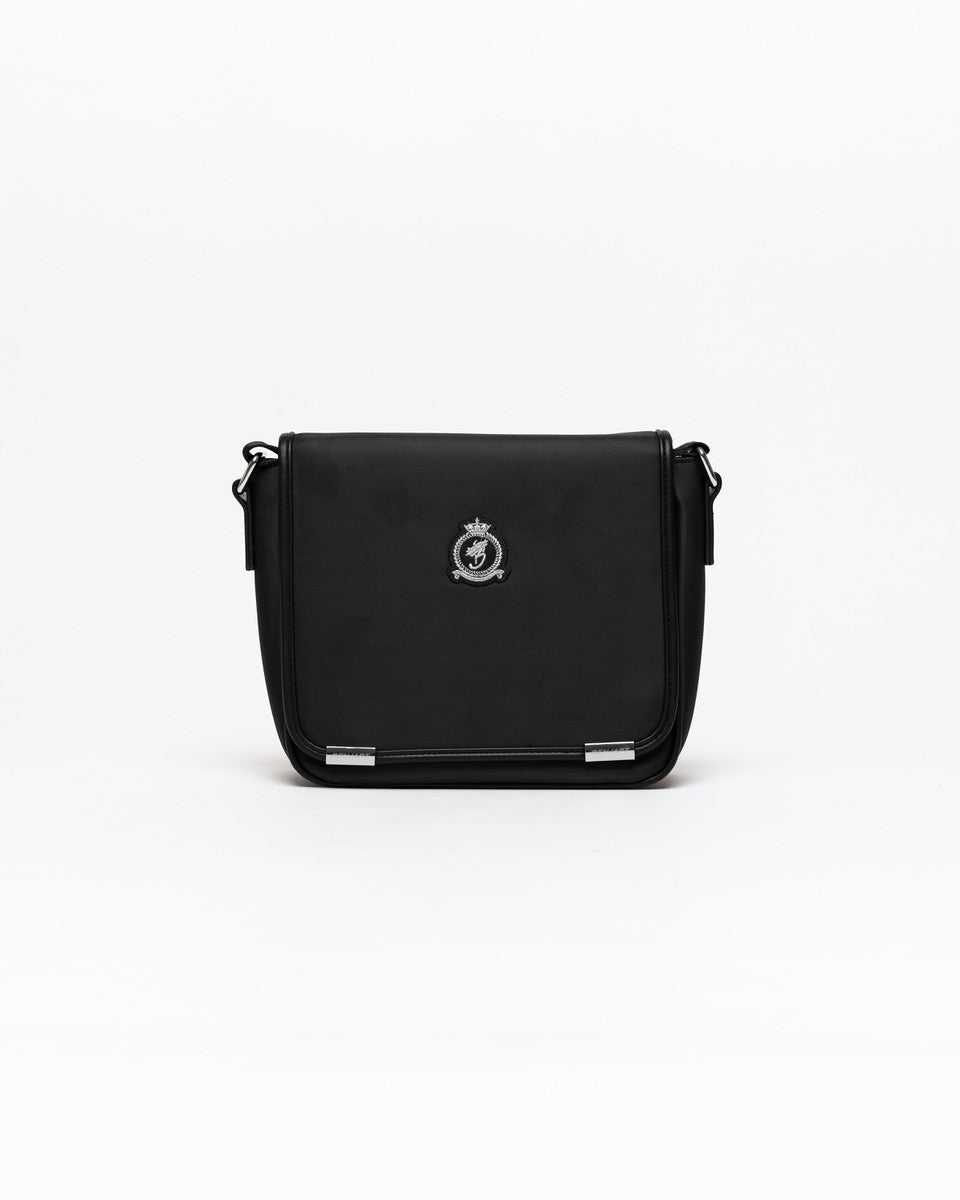 Benjart Nylon Messenger Flap Bag in black, front view