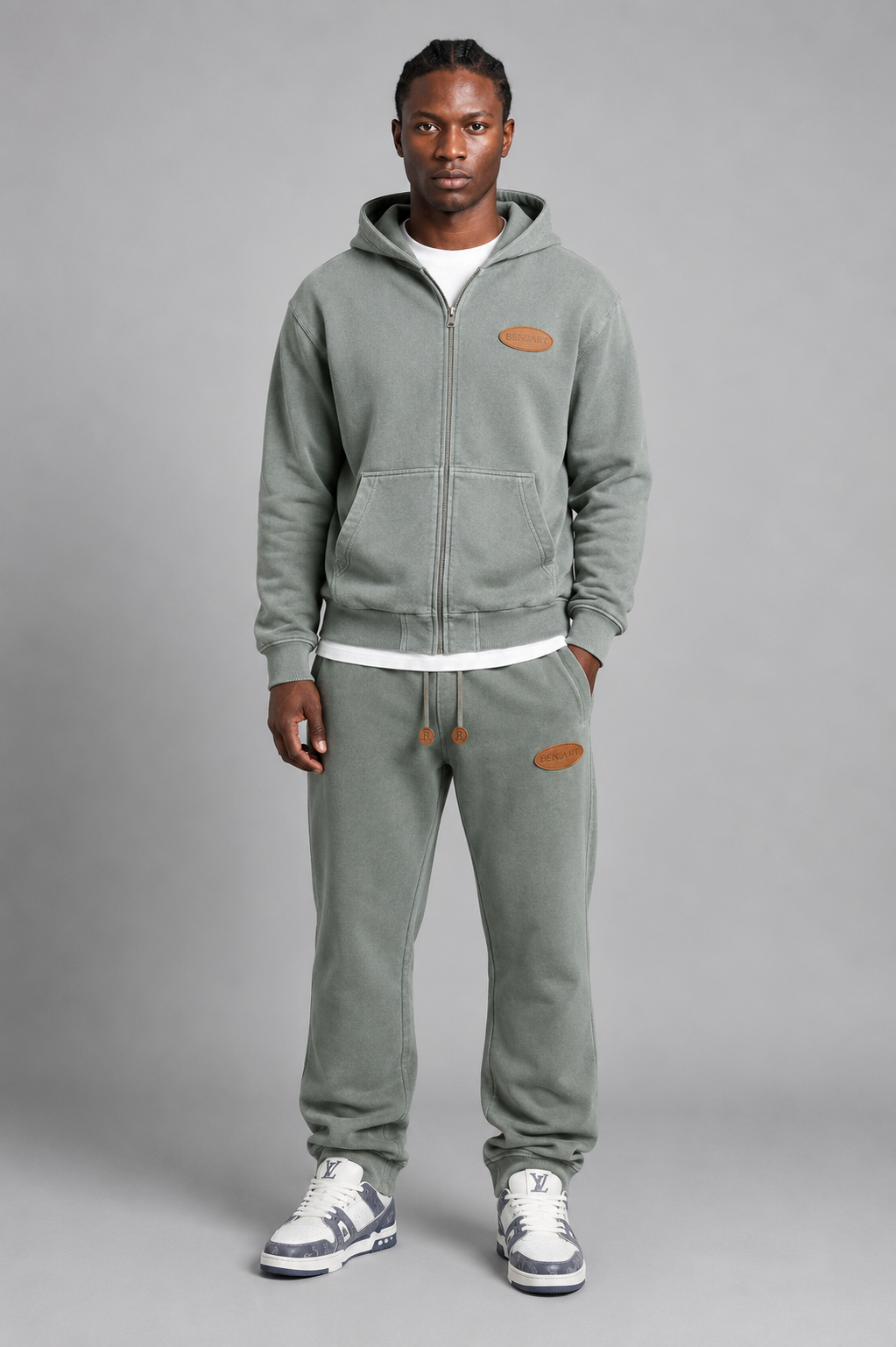 Benjart Stone Leather Tab Hoodie in stone, front view