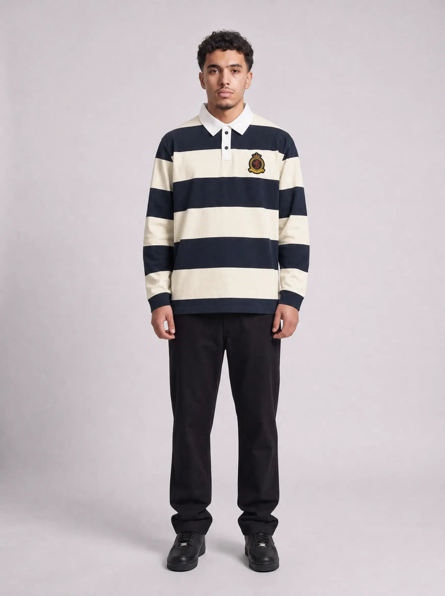 Benjart Rugby Striped Polo - Navy/Cream (Long Sleeved)