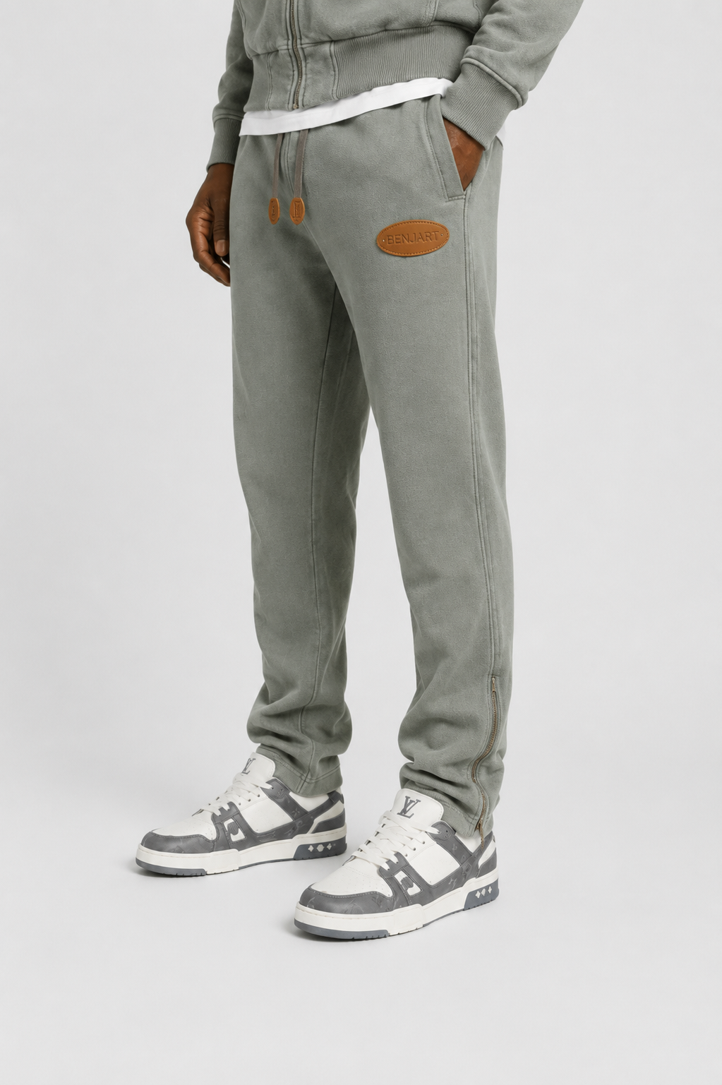 Benjart Stone Leather Tab Joggers in stone, front view