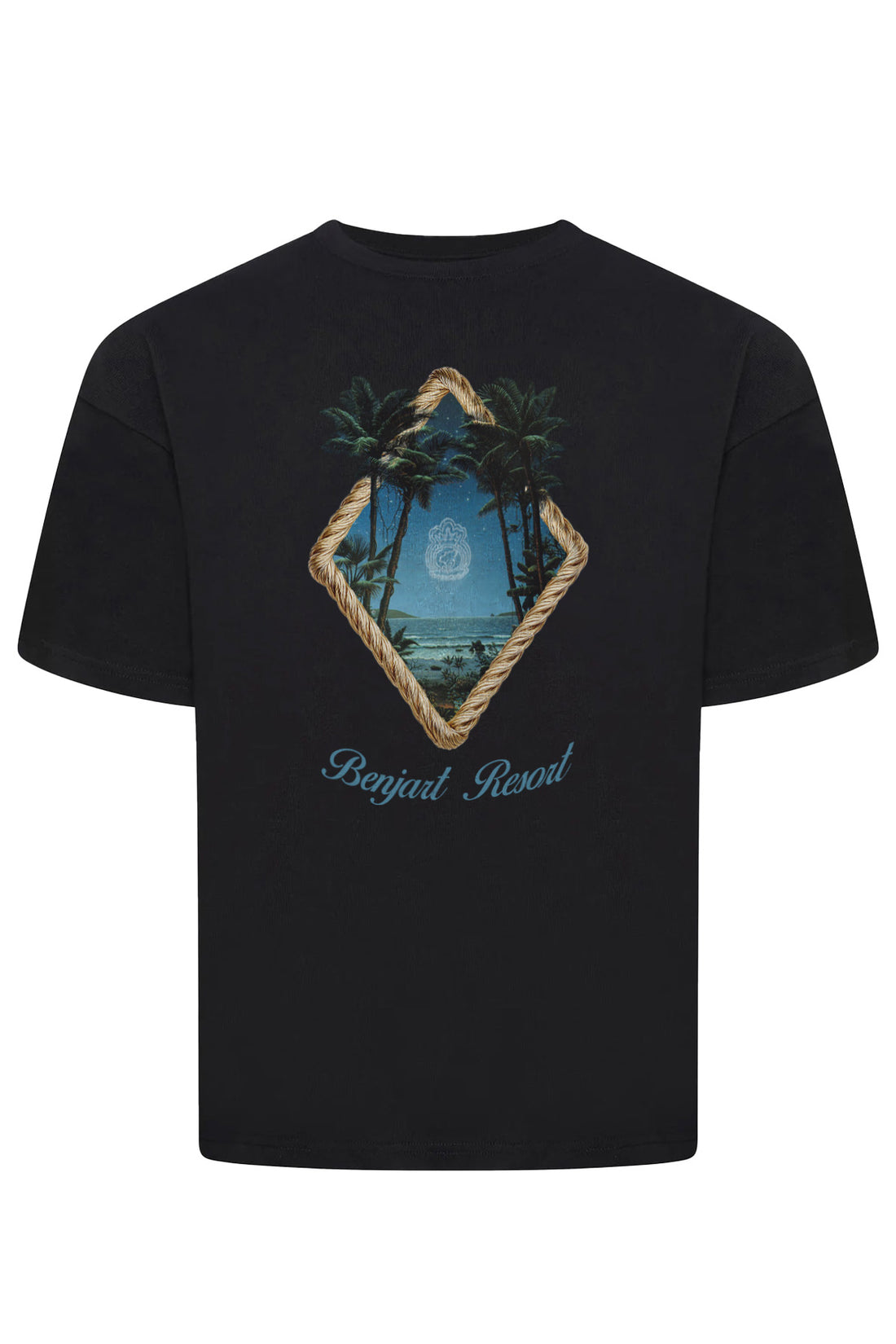 Benjart Resort Tee in black, tropical graphic print detail