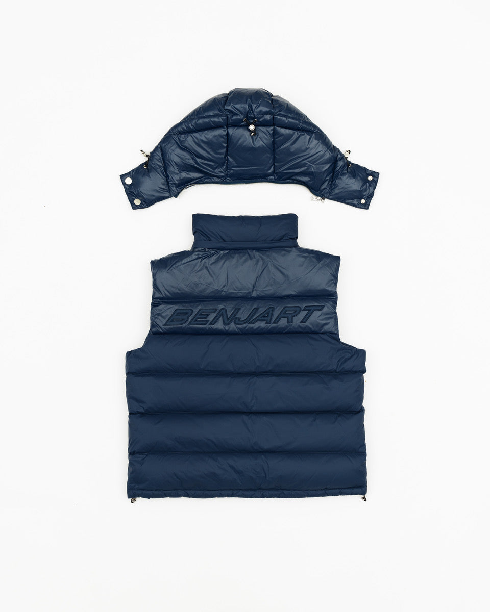 Benjart HRH Hooded Gilet in navy, back view