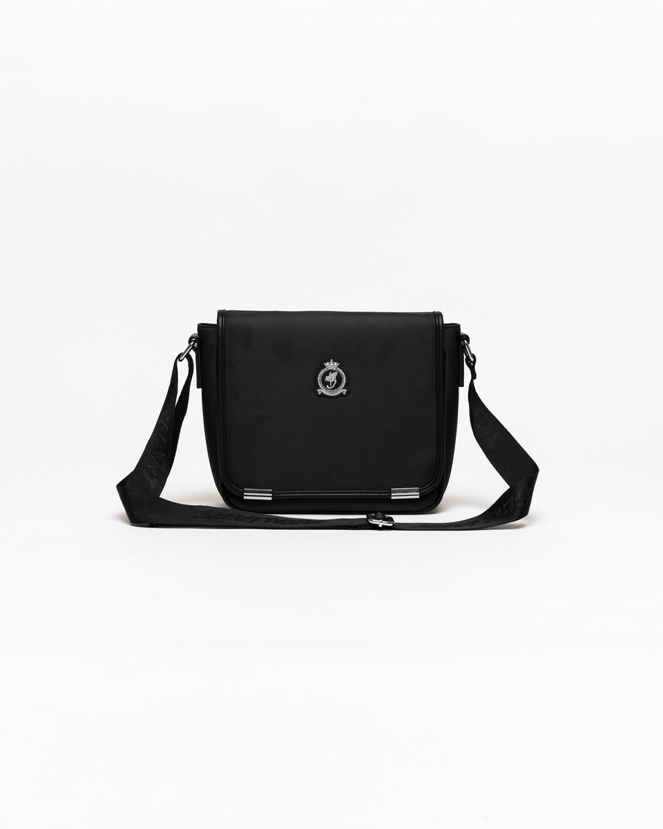 Benjart Nylon Messenger Flap Bag in black, detail view