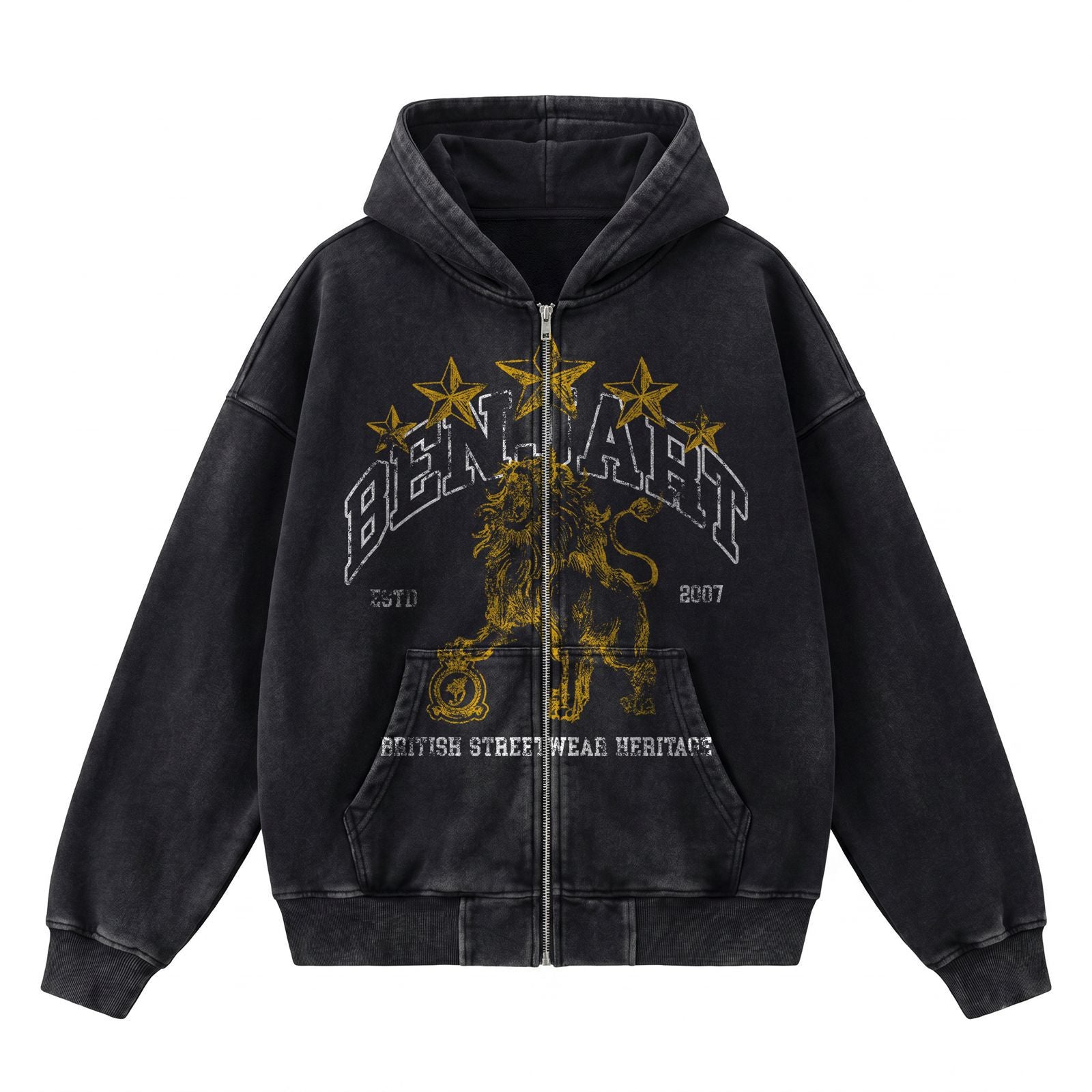 Benjart Heritage Lion Zip Hoodie - Washed Black