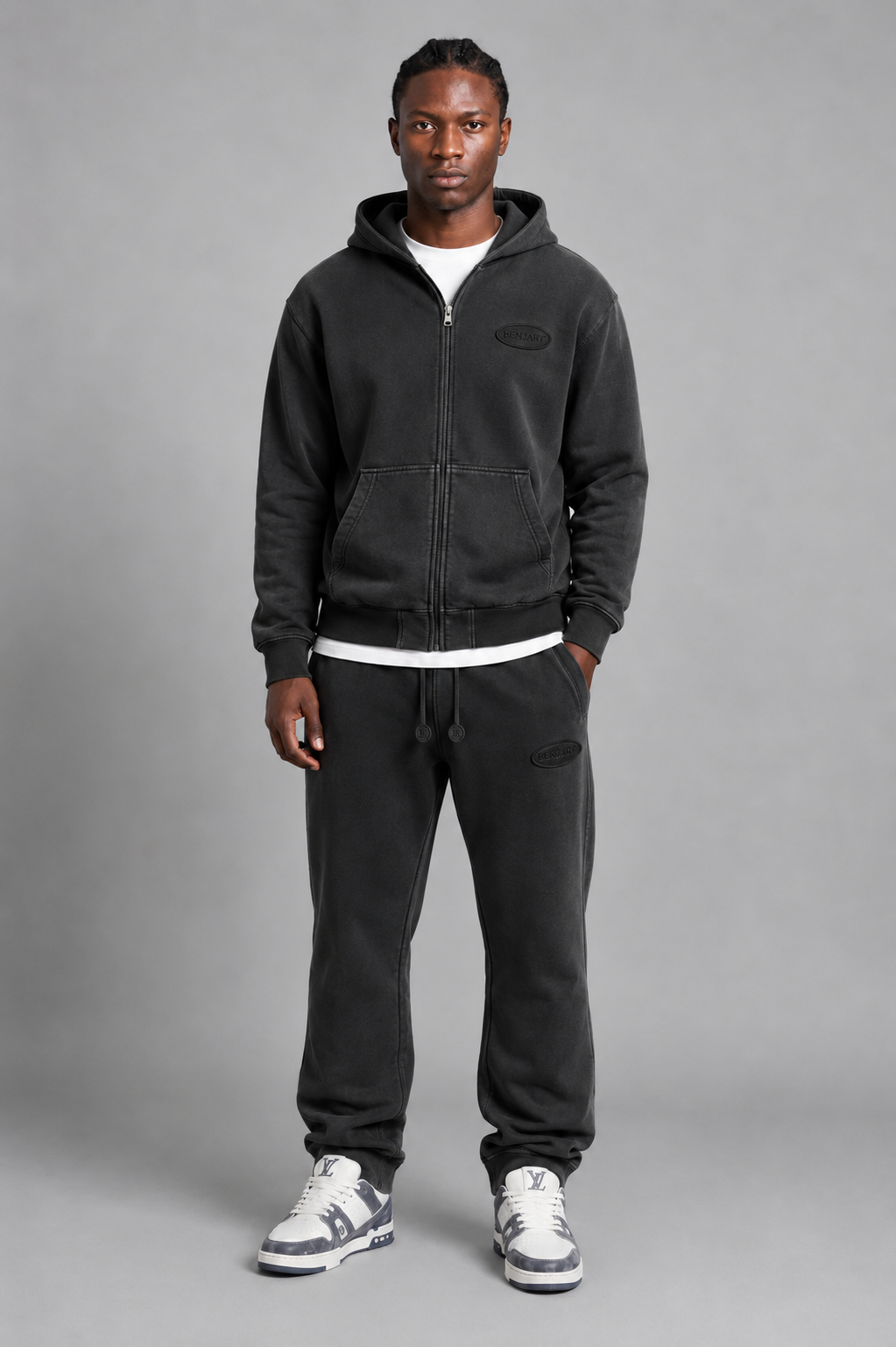 Benjart Stone Leather Tab Hoodie - Black