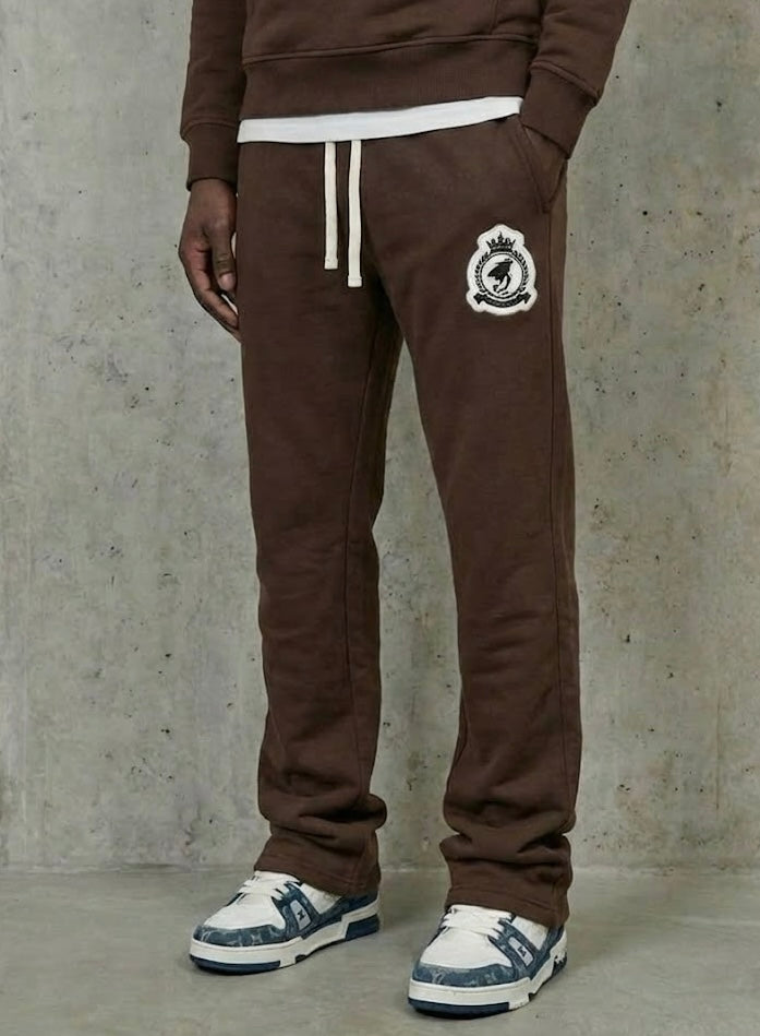 Benjart Chenille Badge Joggers in brown, front view
