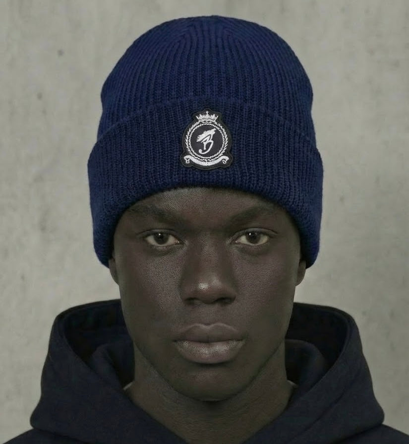 Benjart HRH Chrome Beanie in navy, badge detail