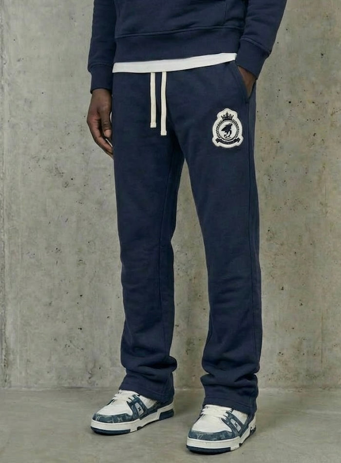 Benjart Chenille Badge Joggers in navy, front view
