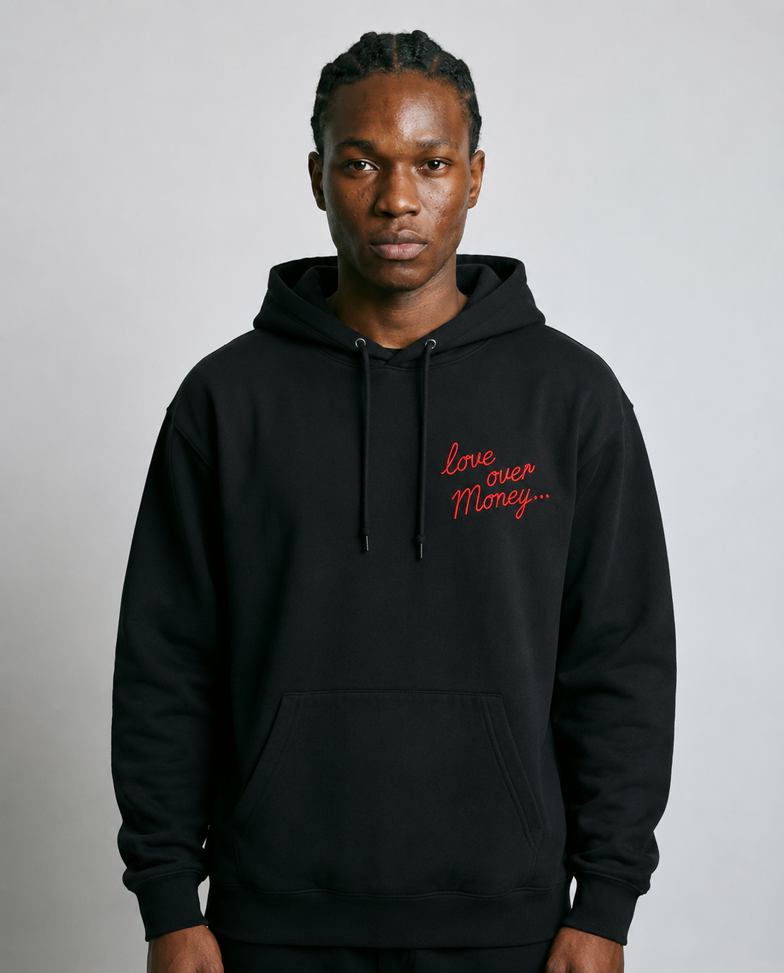 Benjart Love Over Money Hoodie in black, front view