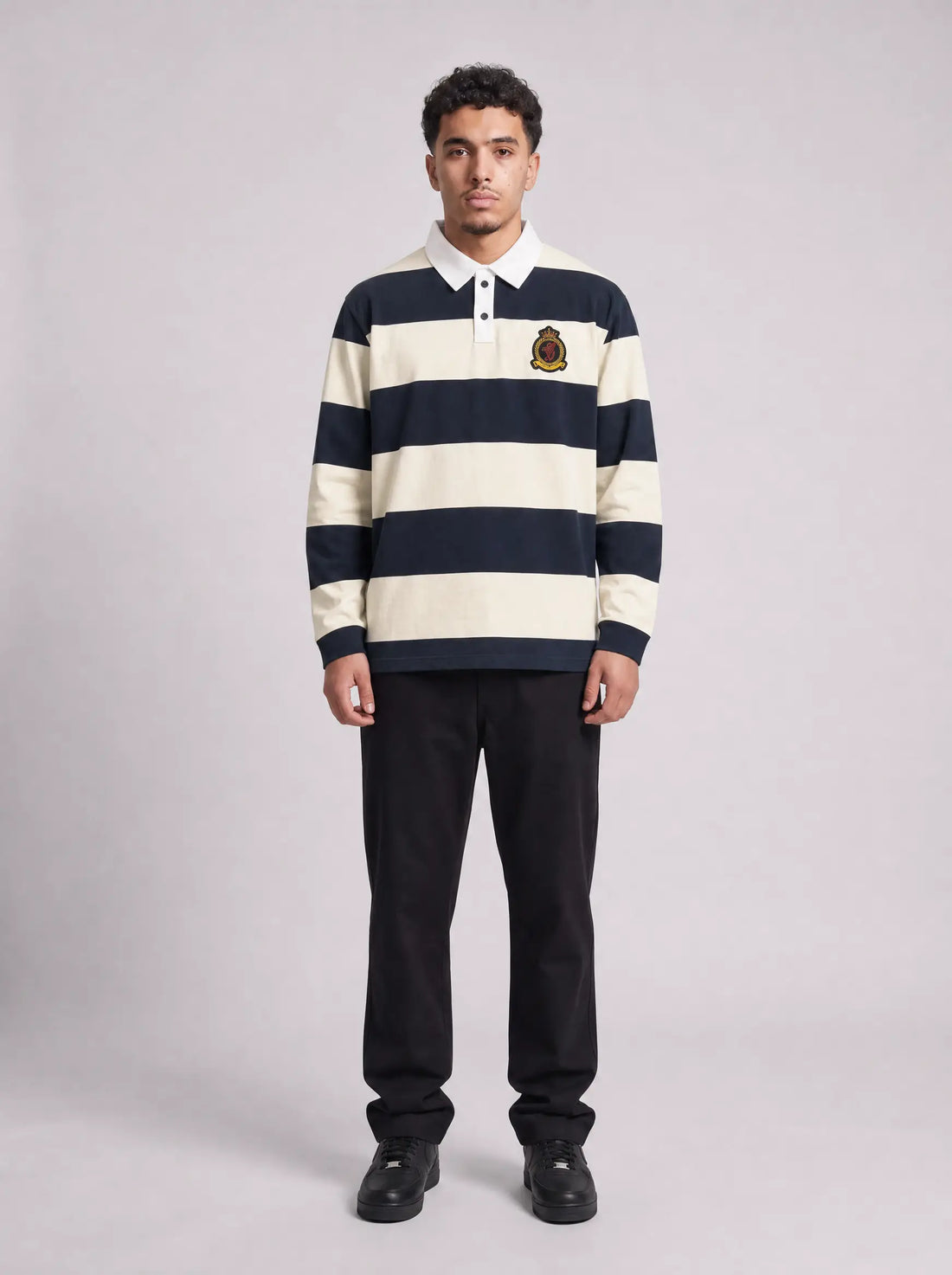 Benjart Rugby Striped Polo - Navy/Cream (Long Sleeved)