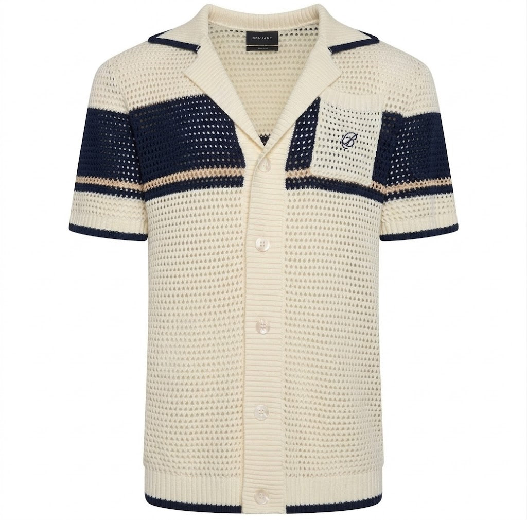 Benjart Crochet Knit Shirt in cream and pageant blue, front view