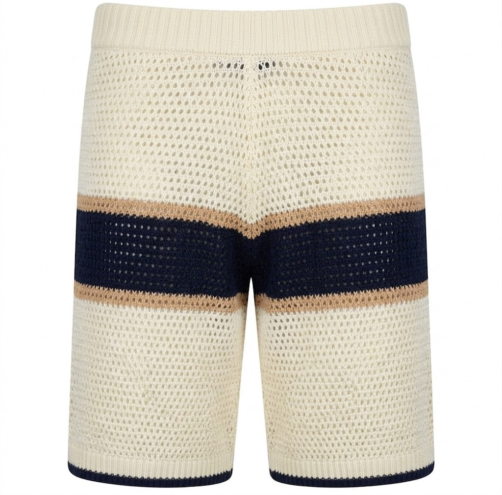 Benjart Crochet Knit Shorts in cream and pageant blue, side view