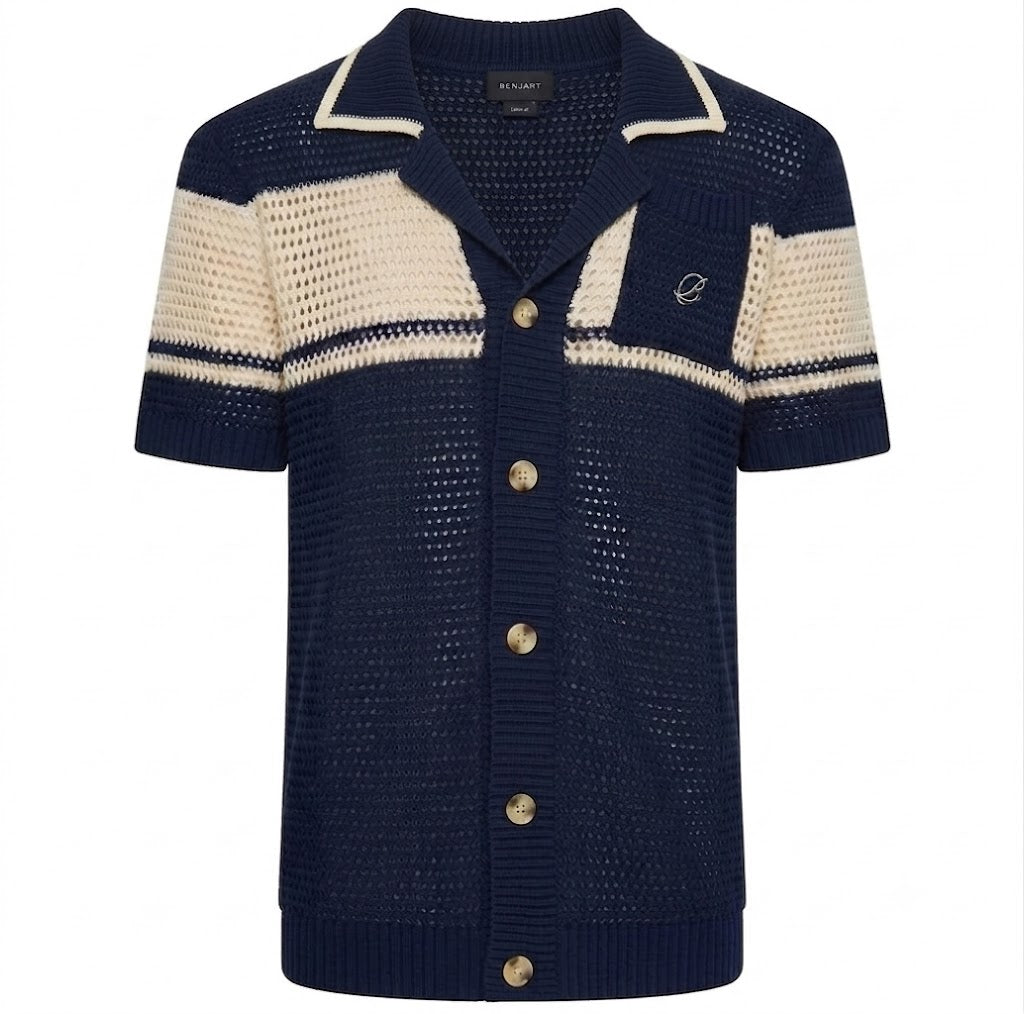 Benjart Crochet Knit Shirt in pageant blue, front view