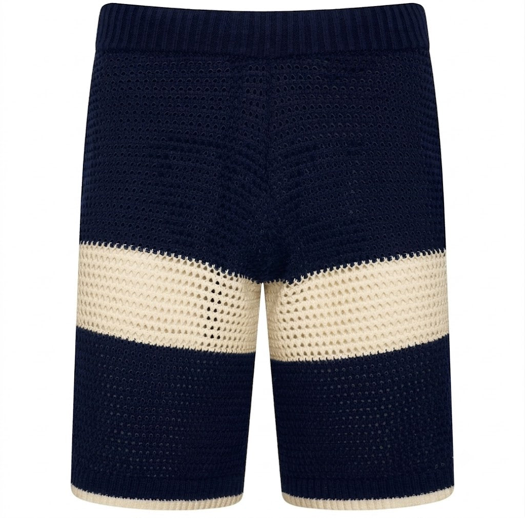 Benjart Crochet Knit Shorts in pageant blue and cream, side view