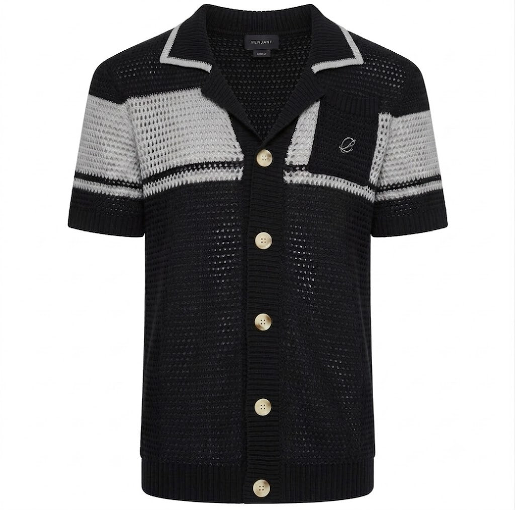 Benjart Crochet Knit Shirt in black and grey, front view