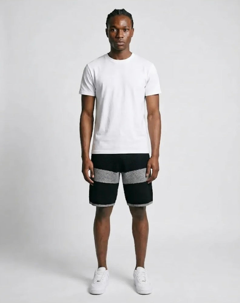 Benjart Crochet Knit Shorts in black and grey, front view