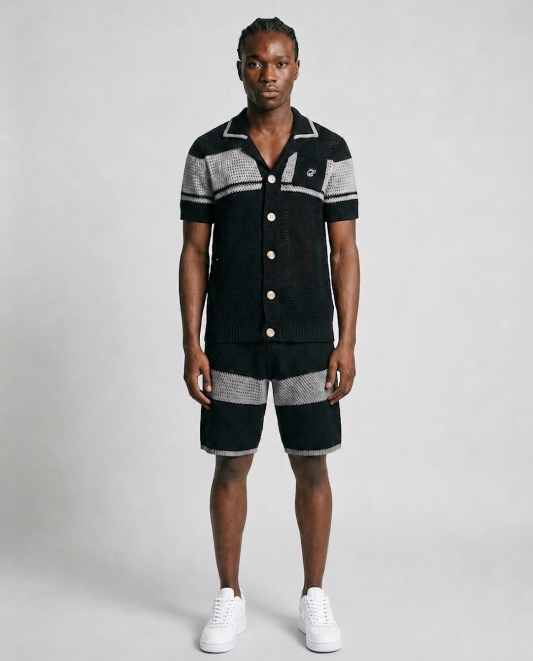 Benjart Crochet Knit shirt and shorts set in black and grey