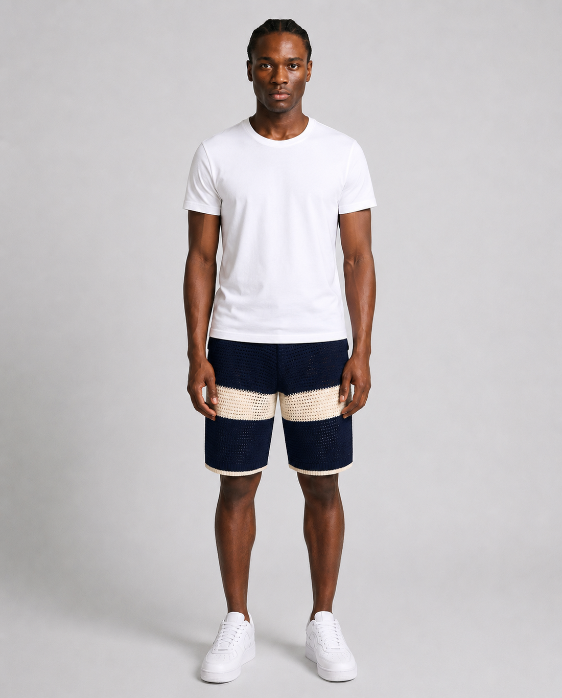 Benjart Crochet Knit Shorts in pageant blue and cream, front view