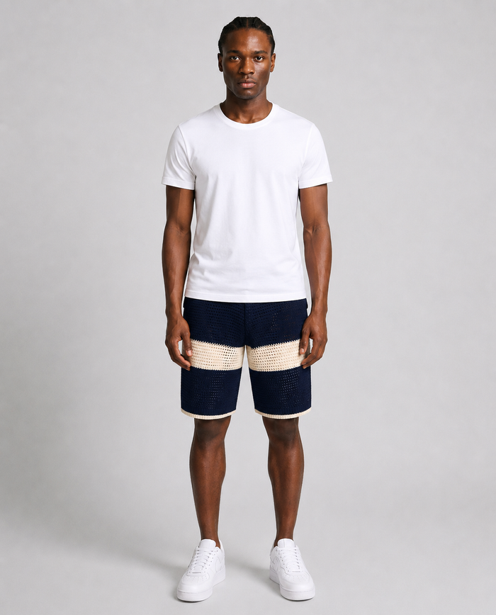 Benjart Crochet Knit Shorts in pageant blue and cream, front view