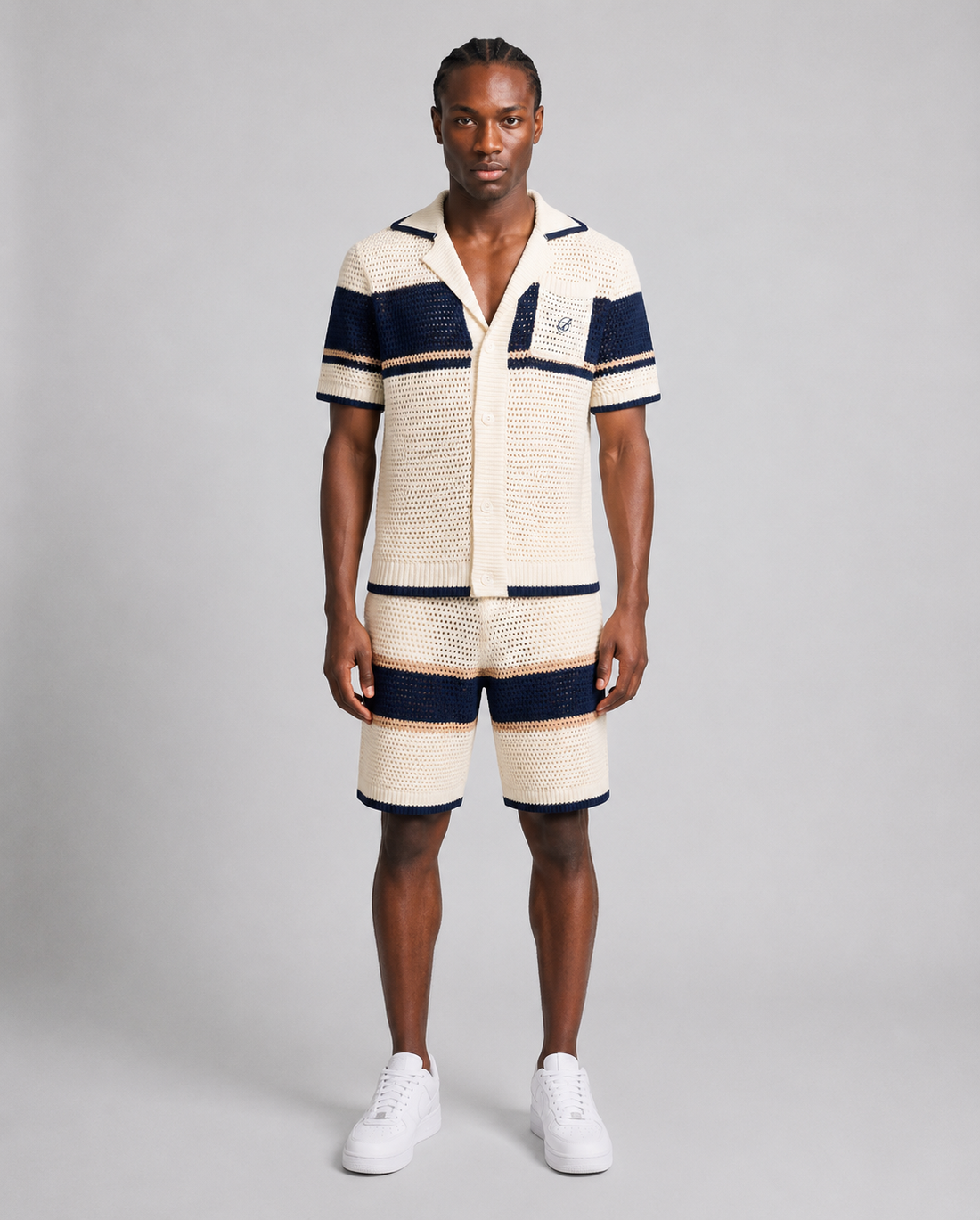 Benjart Crochet Knit shirt and shorts set in cream and pageant blue