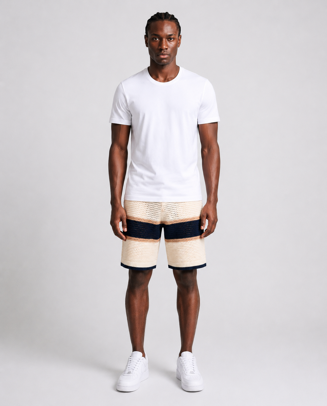 Benjart Crochet Knit Shorts in cream and pageant blue, front view