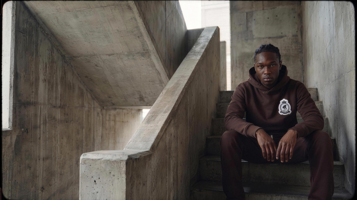 Mo in the Benjart Chenille Badge set in brown, seated on concrete stairs