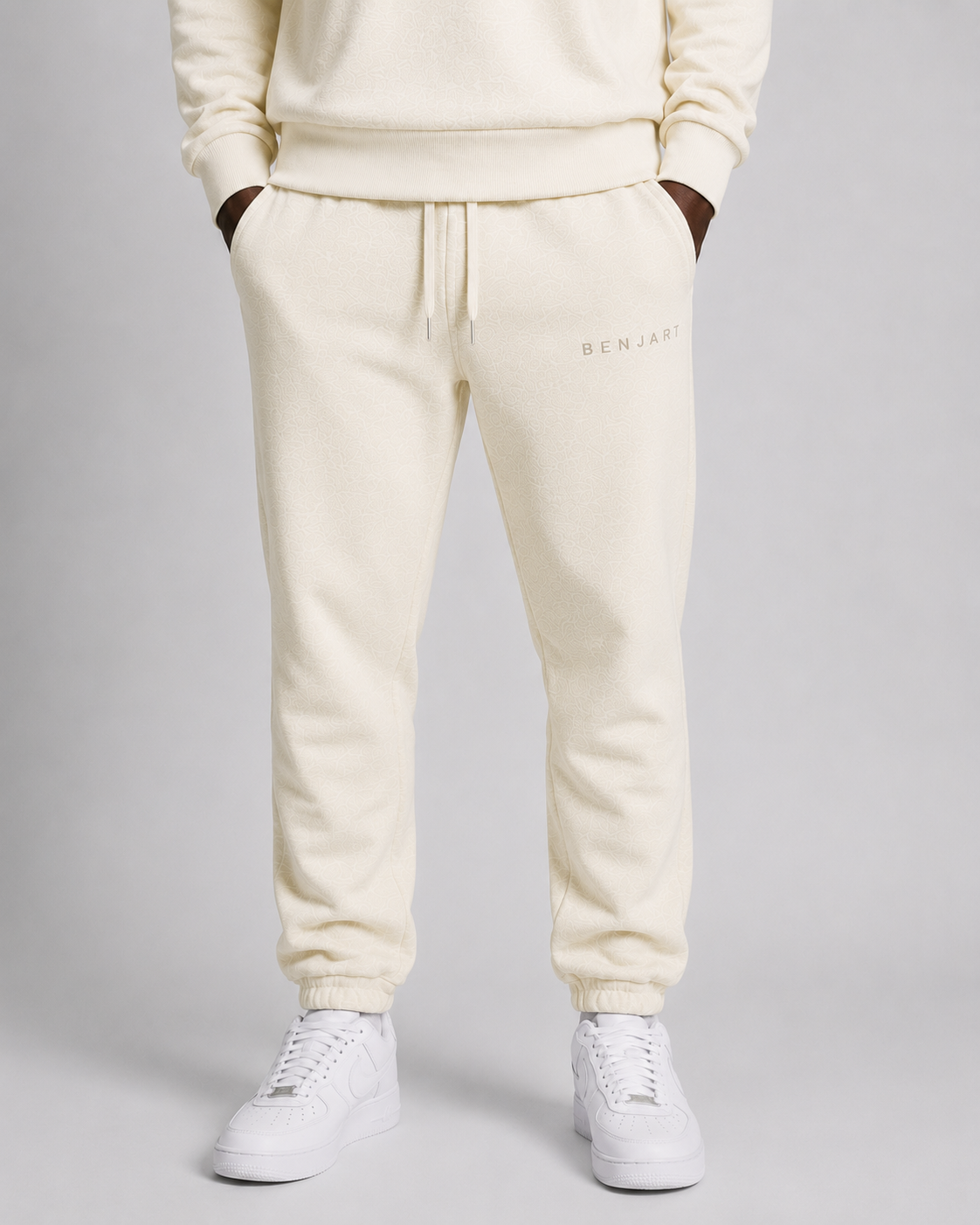 Benjart Blanks Joggers in cream, front view