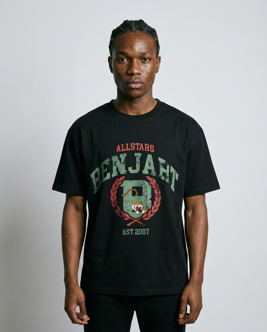 Benjart Allstars Varsity T-Shirt in black, front view