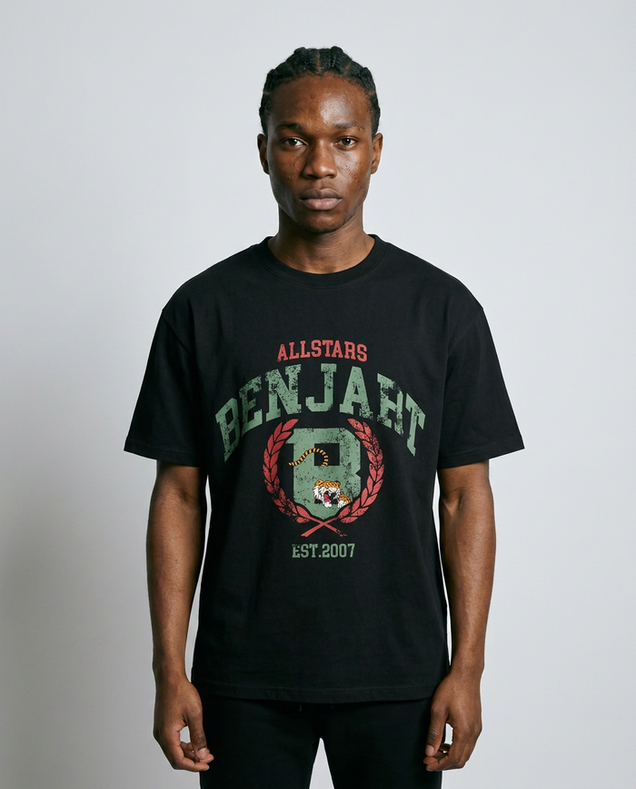 Benjart Allstars Varsity T-Shirt in black, front view