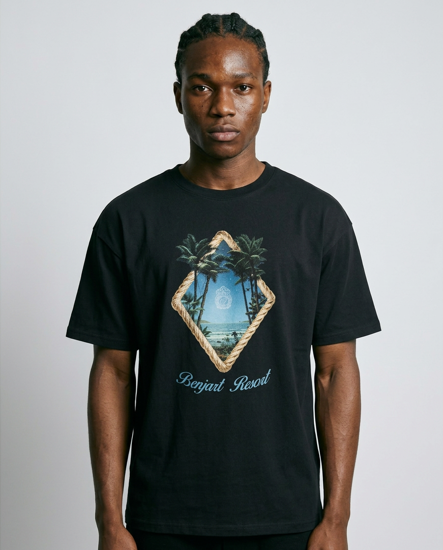 Benjart Resort Tee in black, front view