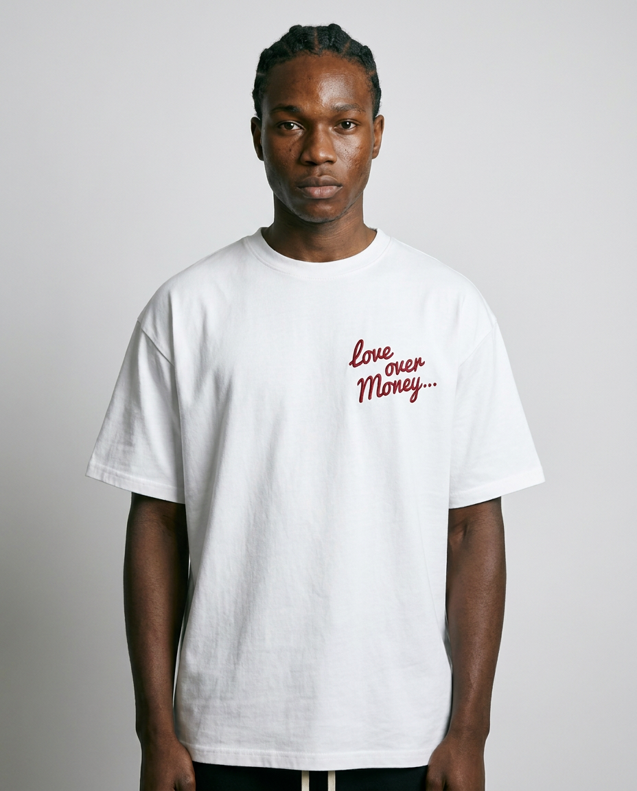 Benjart Love Over Money Tee in white, front view
