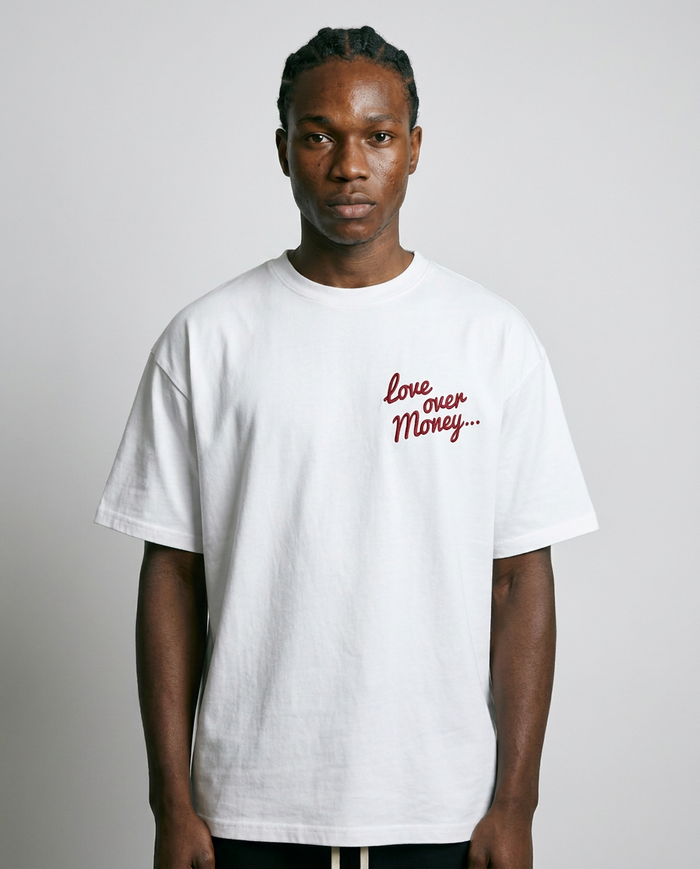 Benjart Love Over Money Tee in white, front view