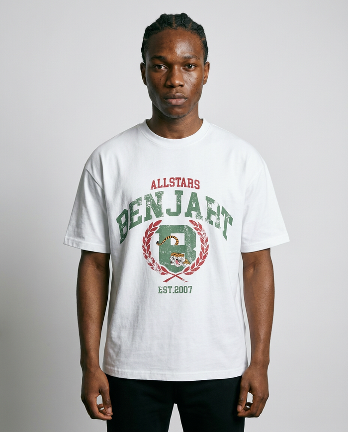 Benjart Allstars Varsity T-Shirt in white, front view