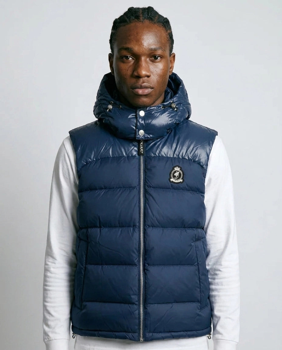 Benjart HRH Hooded Gilet in navy, front view