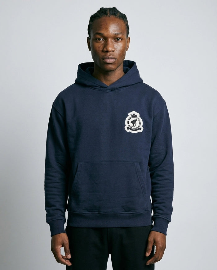 Benjart Chenille Badge Pullover in navy, front view