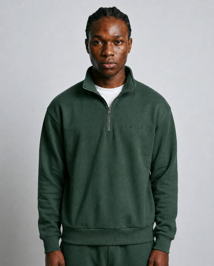 Benjart Blanks Quarter Zip Top in pine green, front view