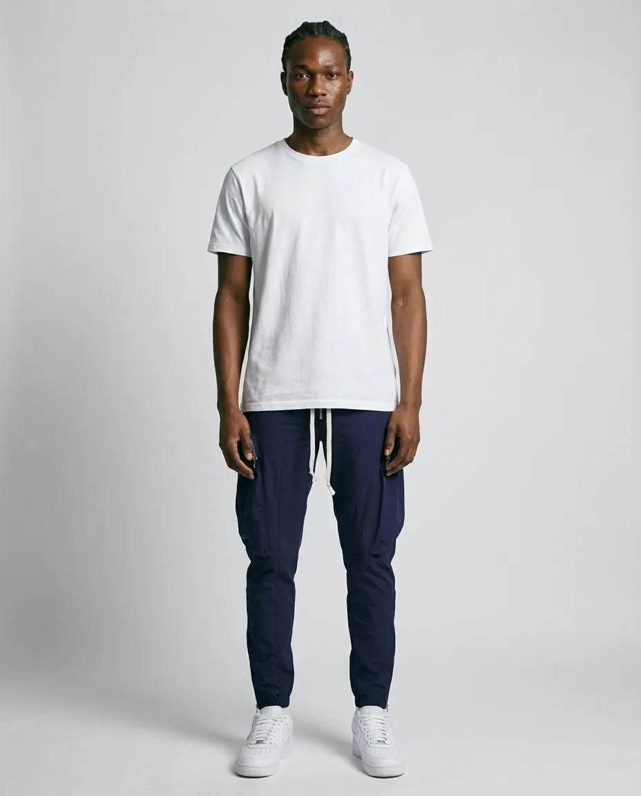 Stretch Curved Zip Nylon Cargo Pant - Navy