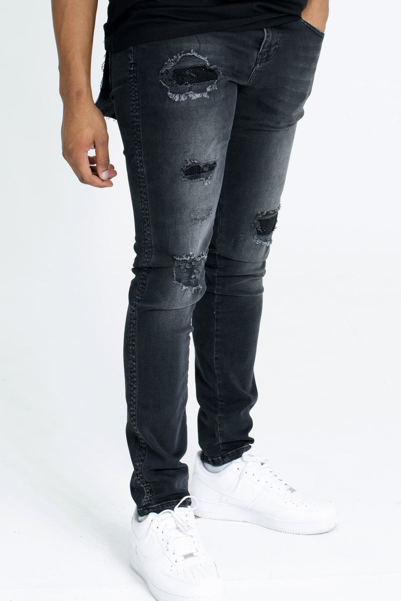 Diamonte Ripped Jeans - Washed Black