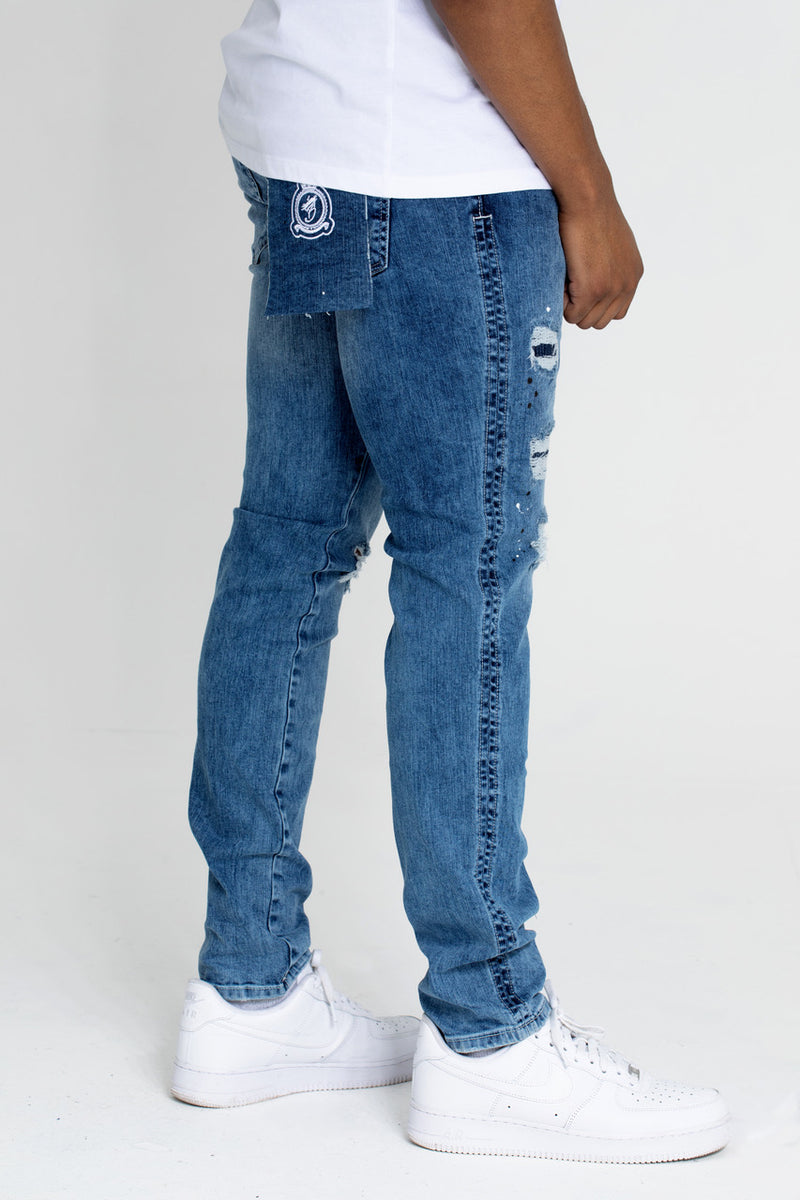 Ripped Denim Jeans - MID Blue with paint splash